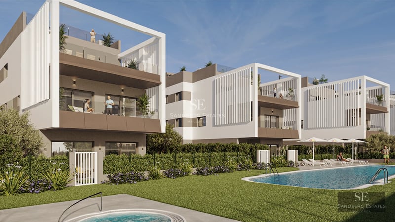 Spacious, bright living room with large windows, private pool and direct access to the garden. Modern design and high-quality finishes.