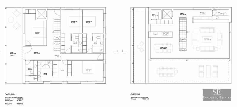 Architectural floor plans for two levels showing bedrooms, bathrooms, living area, and kitchen.
