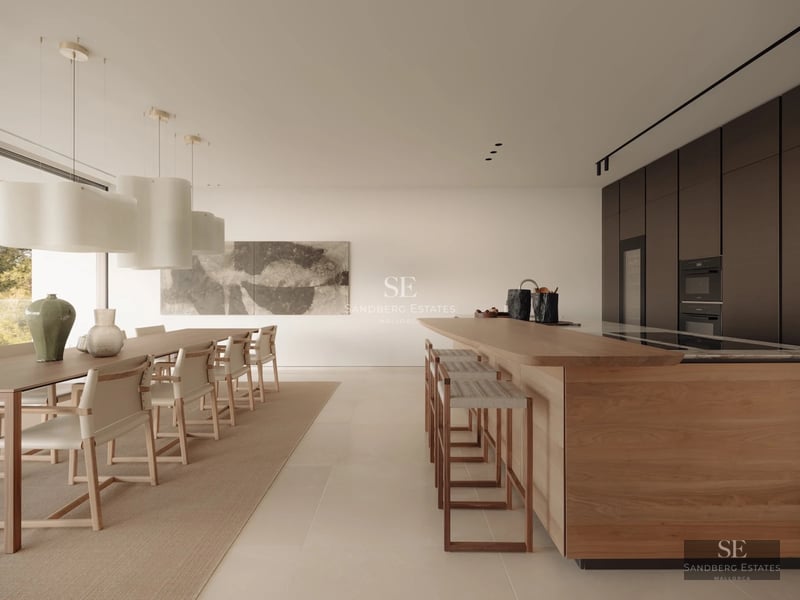 Spacious terrace with pool, sun loungers, and views. Modern design with glass fronts and elegant architecture. Luxurious outdoor space.