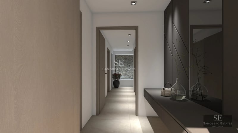 Exterior view of a modern house featuring a swimming pool, lush garden, and minimalist architectural design. Soft lighting & luxurious ambiance.