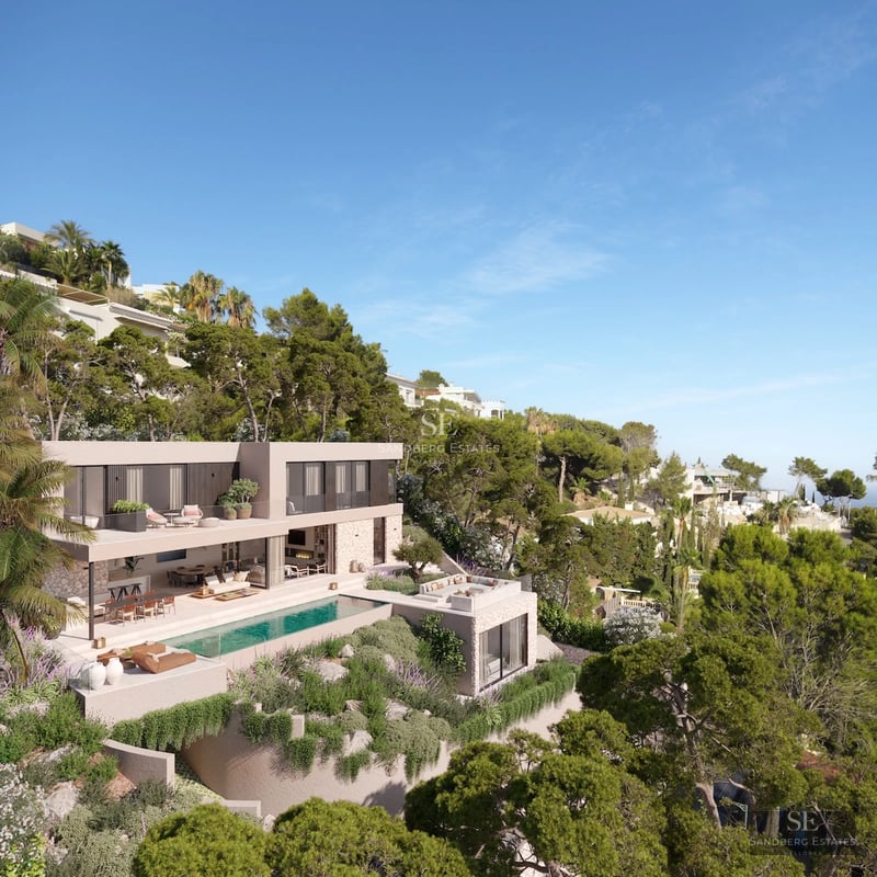Pool view with sun loungers and palm trees. Modern facade with large windows. Minimalist design. Luxury and comfort.