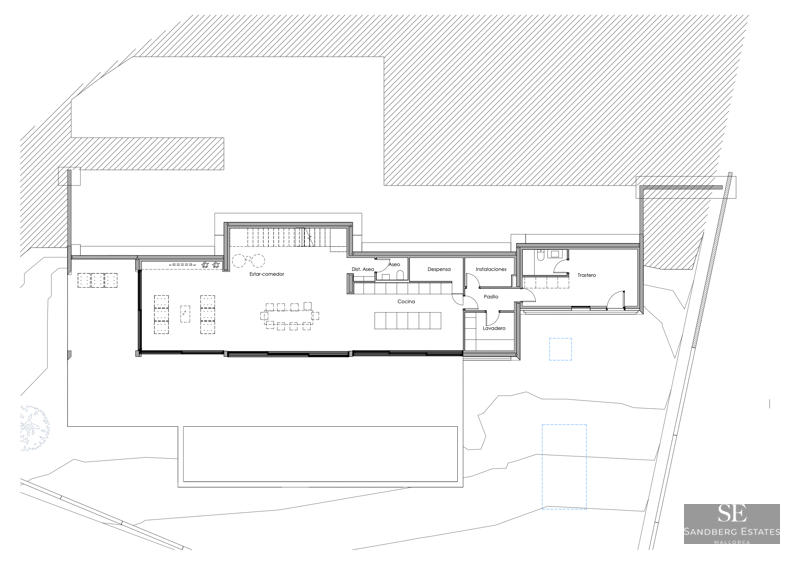 Plan architectural en 2D montrant la disposition du salon, de la cuisine et des zones de service.