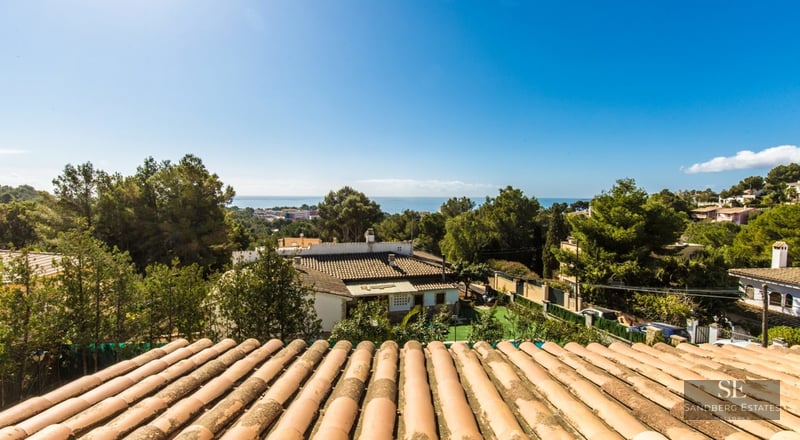 View from a terracotta tiled roof overlooking green pine trees towards the blue Mediterranean Sea under a clear sky.