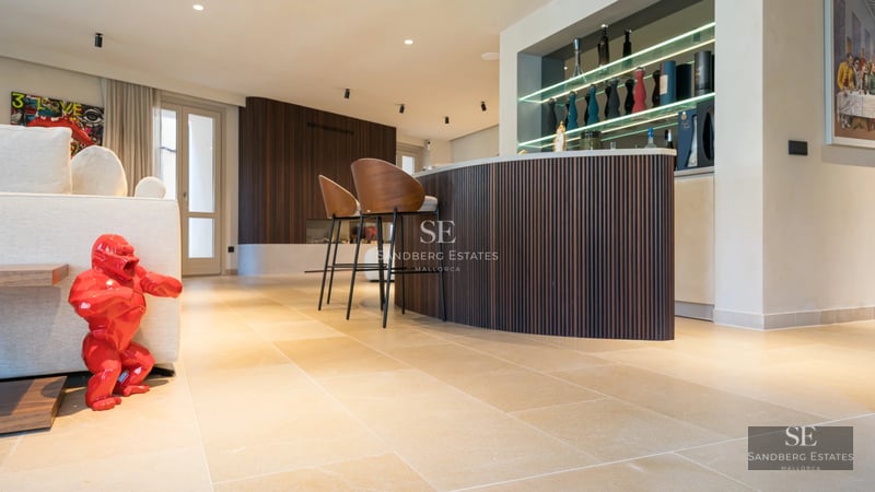 Exterior view of a modern villa with pool, lush garden, and minimalist architecture featuring clean lines and large windows.