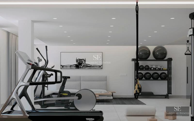 Aerial view of modern villa with turquoise pool, lush gardens and minimalist architecture. Luxury and exterior design.