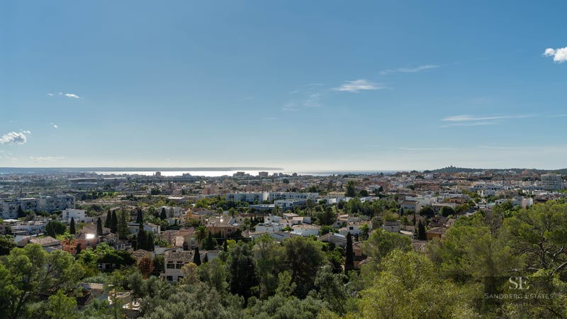 High-angle panoramic view of a Mediterranean city with lush green trees and the sea on the distant horizon.
