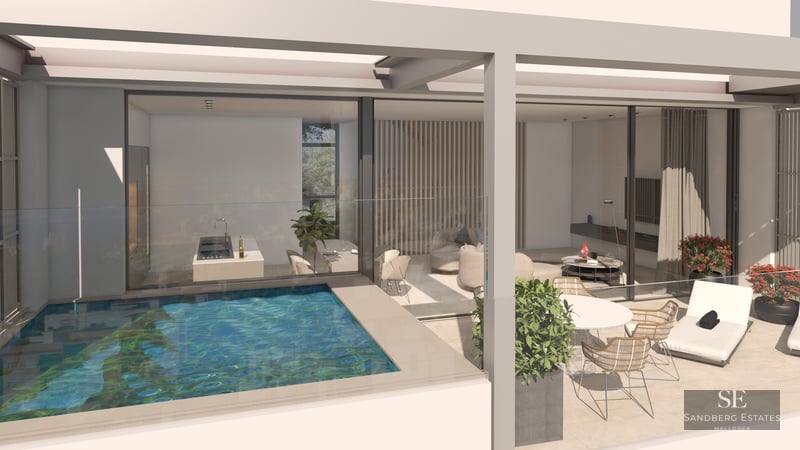 A modern terrace featuring a private plunge pool, sun loungers, and designer furniture next to floor-to-ceiling windows.