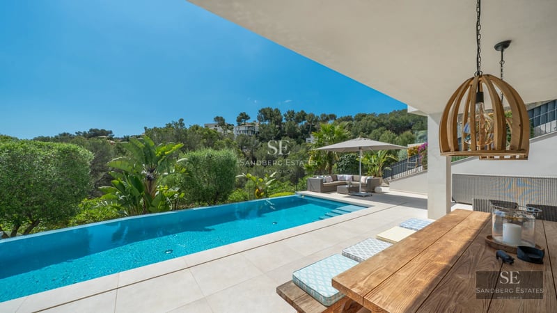 Spacious terrace with infinity pool, stylish loungers, and panoramic views. Modern design featuring a glass railing.