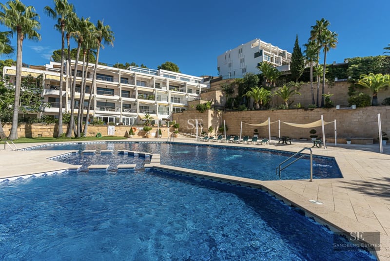 View of modern villa with infinity pool and lush garden. Sleek architectural design and manicured landscaping.