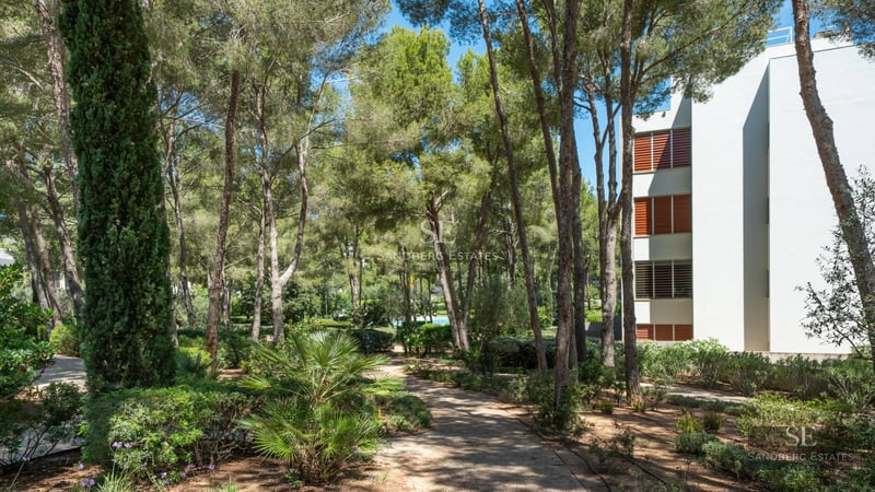 Exterior view of a modern villa featuring an infinity pool, lush garden, and spacious terraces. Minimalist and elegant architectural design.