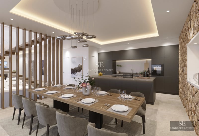 Image of a modern villa with infinity pool, sun loungers, and sea view. Minimalist architecture, large windows. Luxury and comfort.