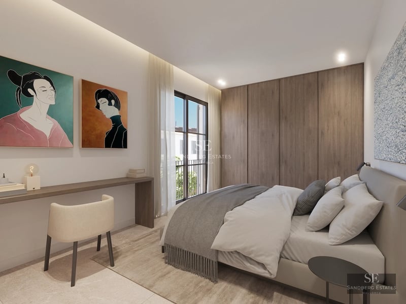 View of a modern villa with pool, sun loungers, and garden. Minimalist architecture, large windows, and elegant design.