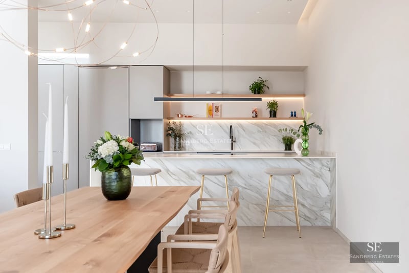 Aerial view of a modern villa with infinity pool, lush garden, and minimalist architecture. Elegant design and panoramic views.