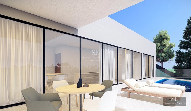 Image of a luxurious pool with sun loungers and a modern house with large glass windows. Manicured garden and blue sky.