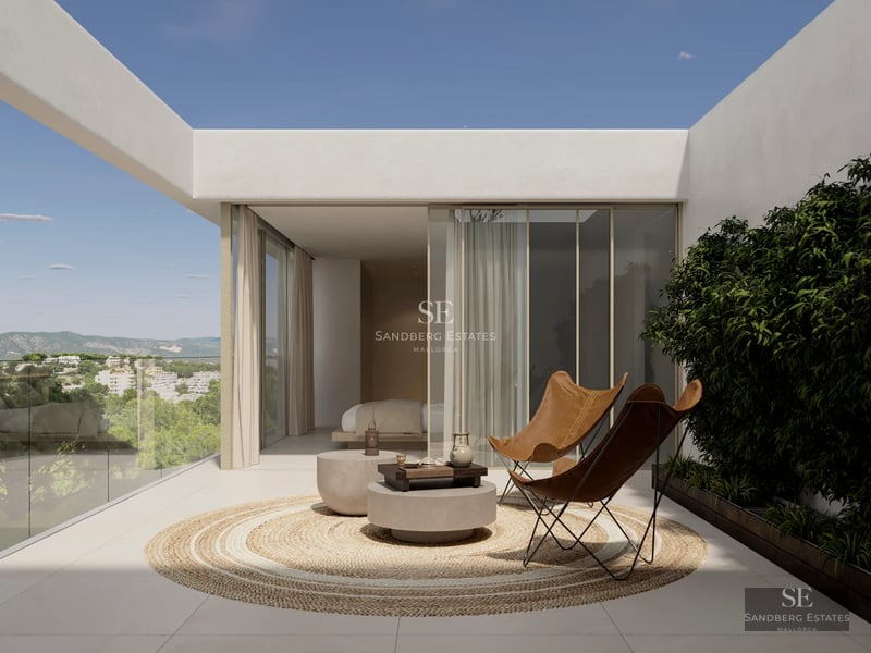 Expansive exterior with infinity pool, sun loungers, lush garden, and panoramic views. Modern and elegant architecture.