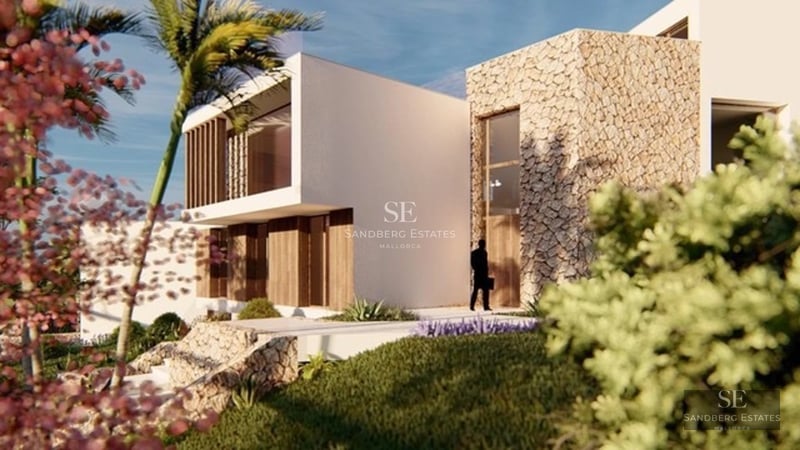 Panoramic view of a modern apartment with balcony, infinity pool and sea views. Minimalist design with large windows.