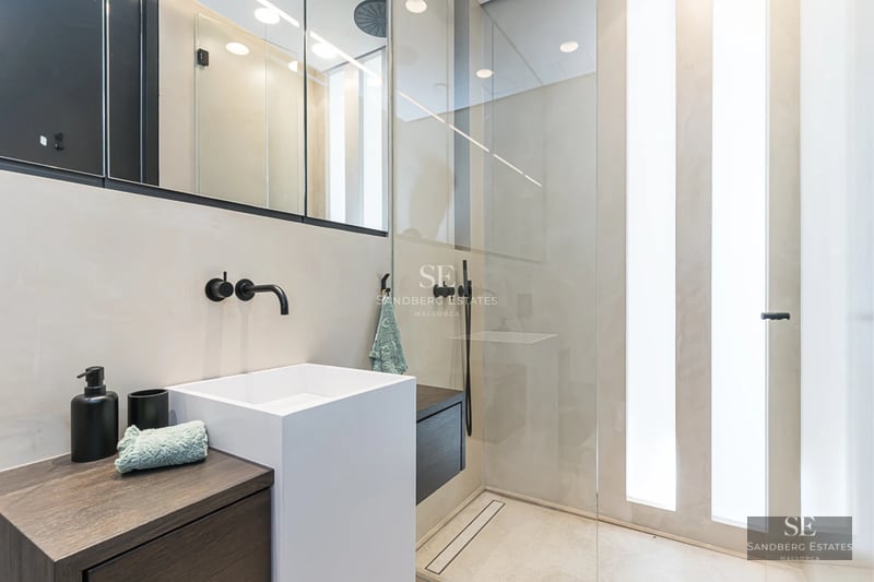 Spacious living room with fireplace, large windows, light wood floors, and minimalist design. Abundant natural light.