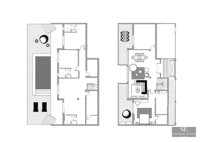 Two-level architectural floor plan showing interior rooms, outdoor pool deck, and terrace layout.