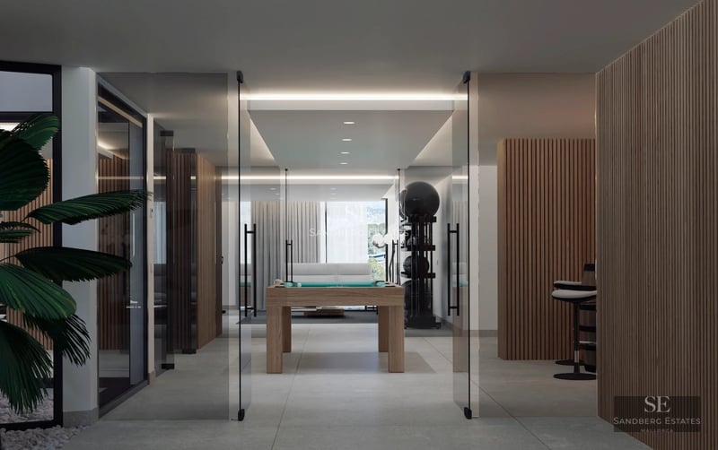 Exterior view of modern villa featuring a swimming pool, lush garden, and contemporary architecture. Soft ambient lighting.