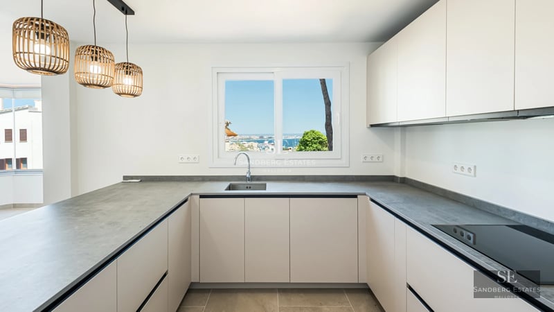 Exterior view of modern villa featuring a pool, sun loungers and lush greenery. Minimalist architecture and high-quality finishes.