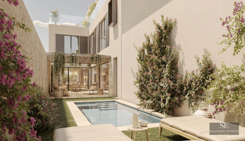 A sleek plunge pool in a Mediterranean-style garden with sun loungers, climbing flowers, and a shaded patio.