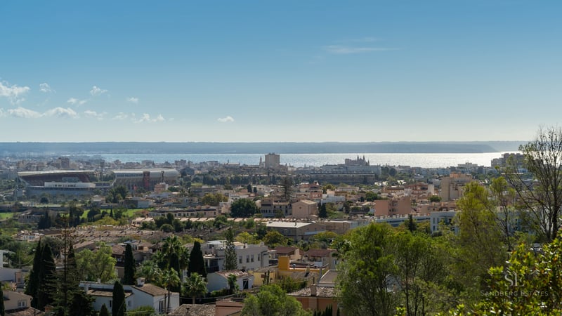 Wide panoramic view of Palma with buildings, greenery, and the shimmering Mediterranean Sea on the horizon.