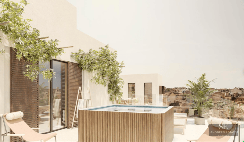 Rooftop terrace with a wooden plunge pool, loungers, and climbing plants overlooking a historic town.