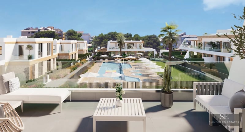 Exterior view of a modern house with a pool, manicured garden, and minimalist architecture. Soft and elegant lighting.