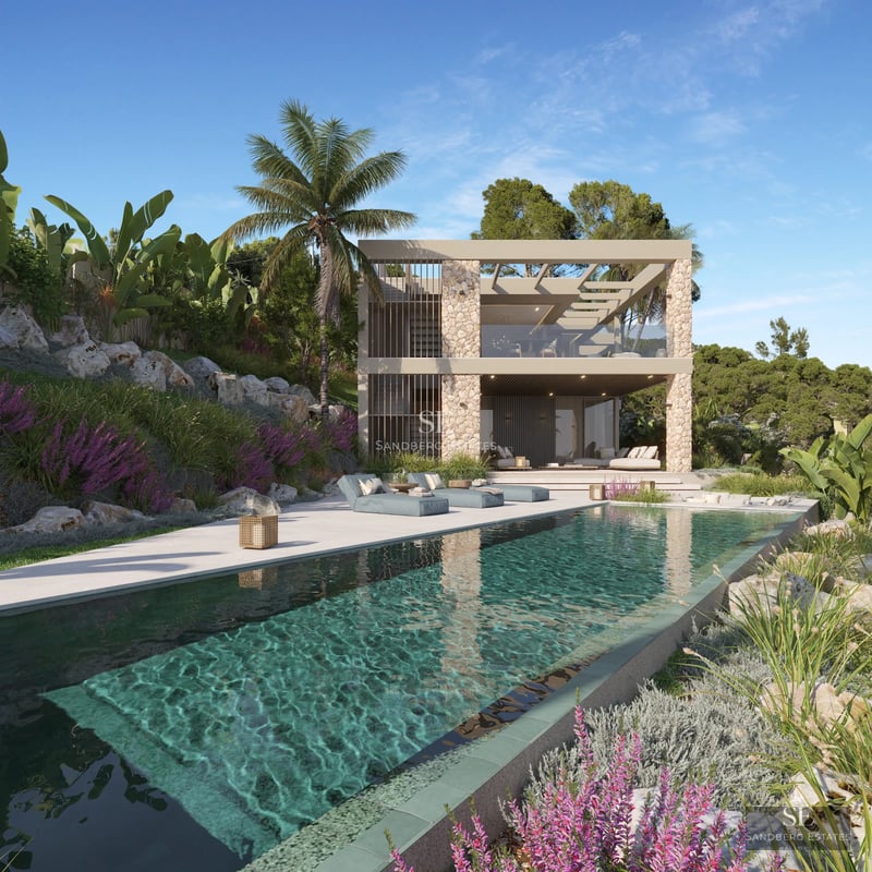 Exterior view of a modern villa featuring an infinity pool, lush gardens, and minimalist architecture. Natural lighting.