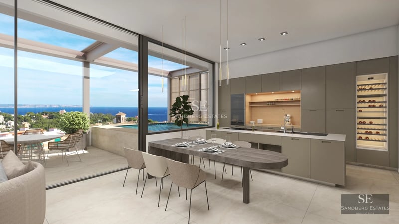 Modern villa with infinity pool, sun loungers, and panoramic views. Minimalist architecture, sleek design, and high-end finishes.