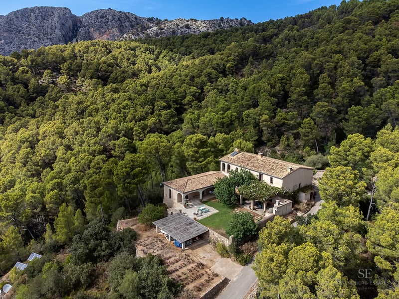 Aerial view of a traditional stone villa nestled in a dense green forest with mountains in the background.