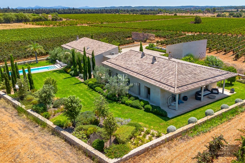 Image of a modern villa with a swimming pool, large windows, designer furniture, and lush vegetation.