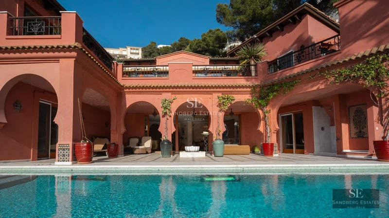 Modern exterior with infinity pool, manicured garden, spacious terrace, and panoramic views. Minimalist architecture with clean lines.