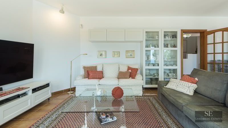 Bright living room with sofas, glass coffee table on an ornate rug, large TV, and terracotta tile floors.
