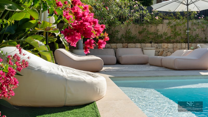 Sun-drenched pool with modern loungers, bright pink flowers, and lush tropical foliage.