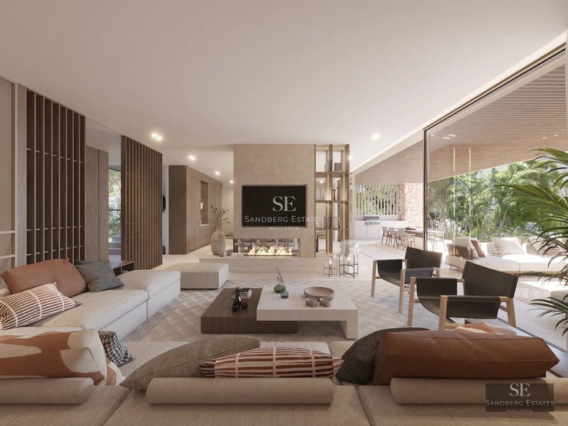 Spacious terrace with pool, sun loungers, and panoramic views. Modern design, lush vegetation, and sunny skies.