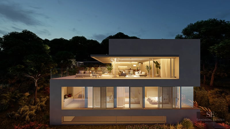 Exterior of a modern villa with an infinity pool, expansive terraces, and minimalist architectural design. Lush gardens and panoramic views.