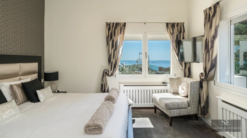 Exterior view of a modern villa with infinity pool, spacious terraces, and lush garden. Minimalist and elegant architecture.