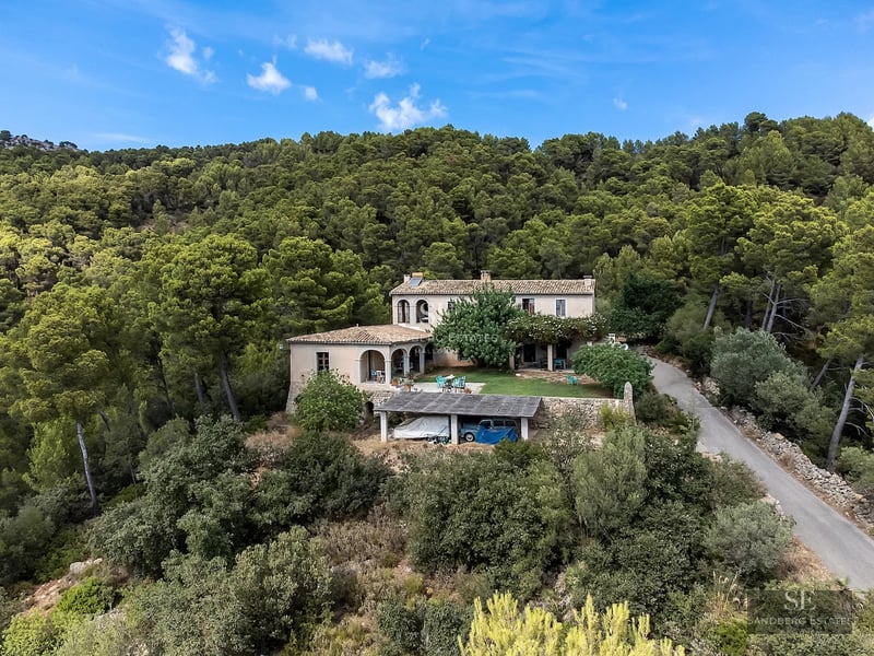 View of a modern pool surrounded by lush greenery. Minimalist architecture with large windows and high-quality finishes.