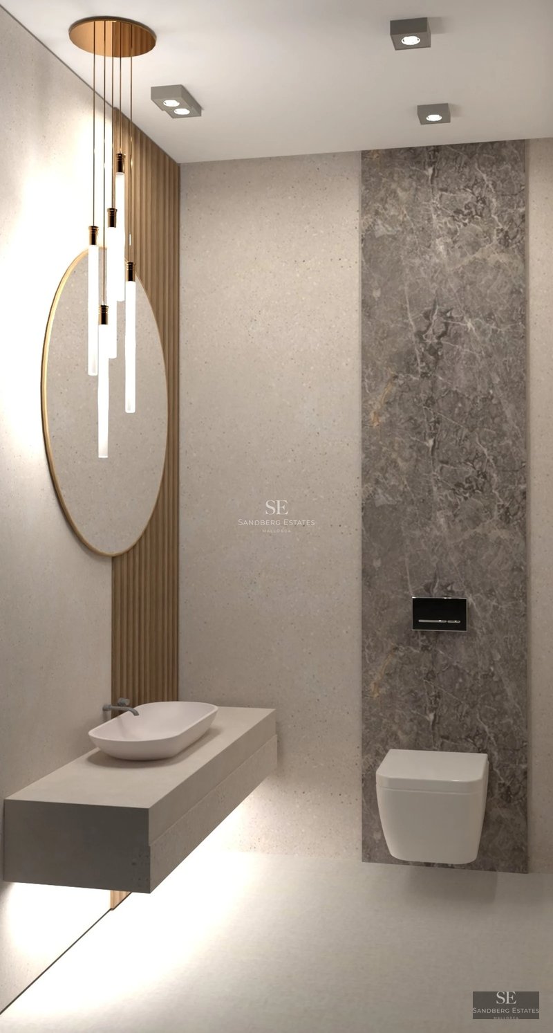 Exterior of a modern villa with an infinity pool. Minimalist architecture, large windows and lush gardens.