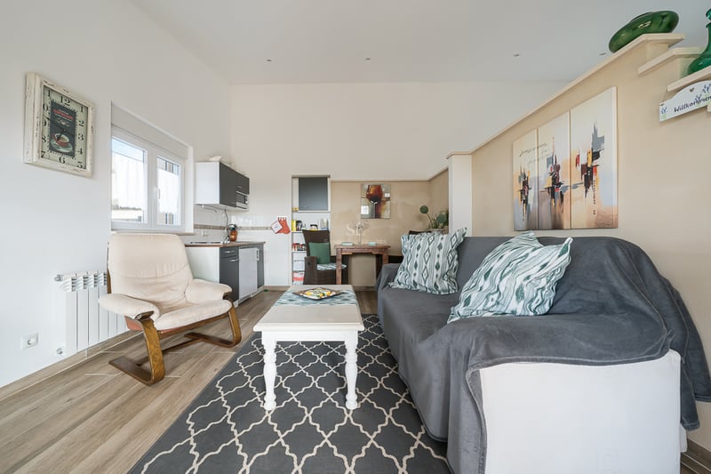 Salon lumineux avec canapé gris, fauteuil crème, tapis à motifs et kitchenette moderne sur murs blancs.