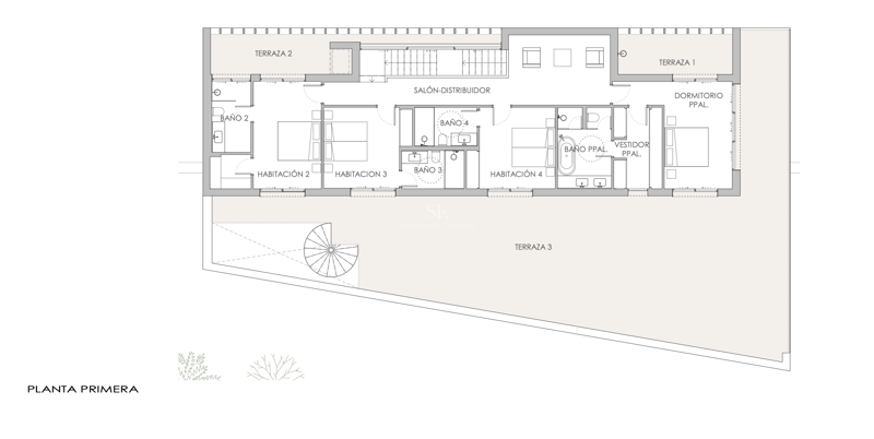 Plan 2D du premier étage montrant quatre chambres, plusieurs salles de bains et une vaste terrasse périphérique.