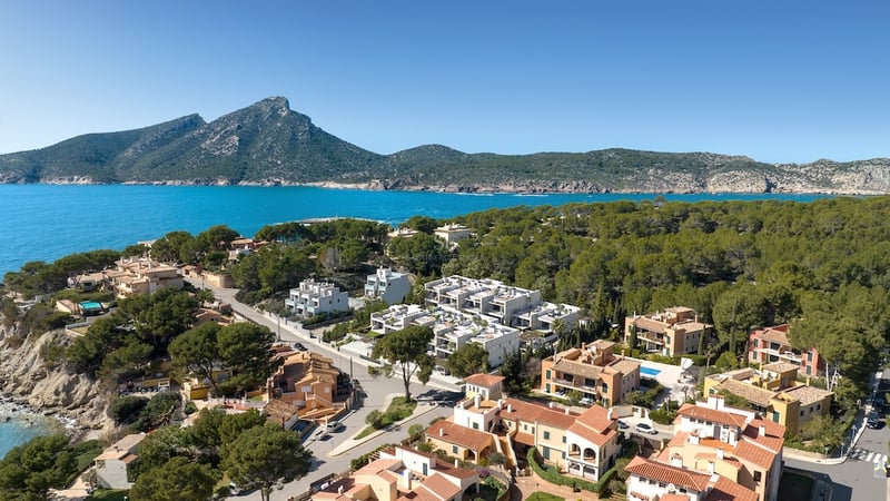 Aerial view of coastal villas nestled in pine forests by a turquoise sea with a large mountain peak in the background.