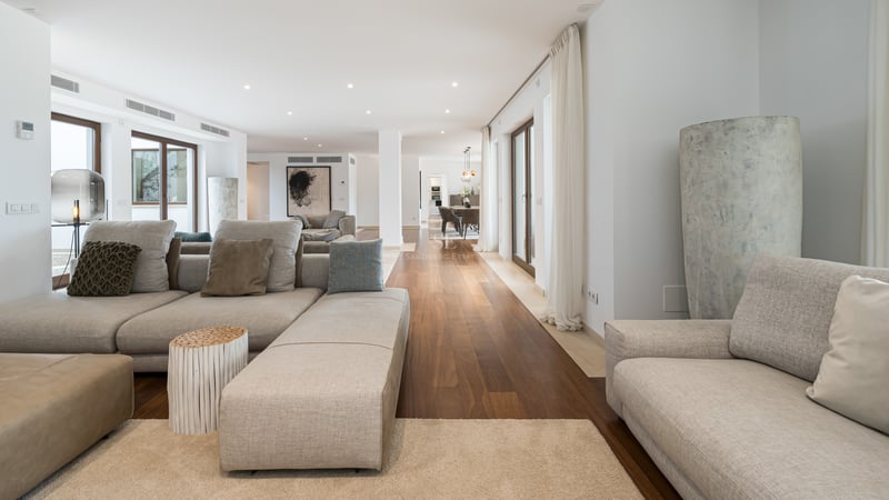 Salon moderne spacieux avec canapés en tissu gris, parquet en bois foncé et baies vitrées.