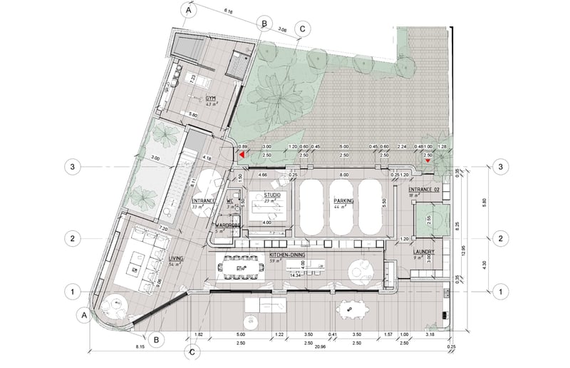 Plan d'architecte 2D montrant un salon ouvert, une cuisine, une salle de sport et un parking pour trois voitures.