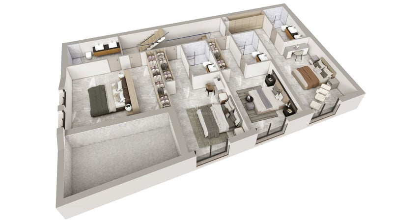 Plan architectural 3D montrant trois chambres en suite, des dressings et des sols en marbre gris.