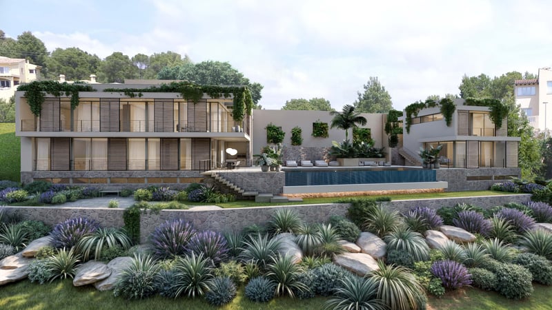 Front exterior view of a multi-level modern villa with floor-to-ceiling windows, stone walls, and a large infinity pool.