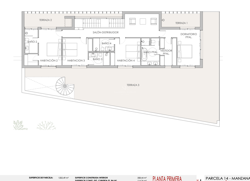 Plan technique en 2D montrant quatre chambres, des salles de bains et trois vastes terrasses.