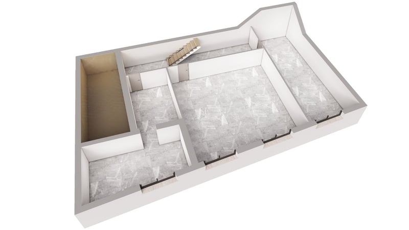 Vue isométrique 3D d'un plan d'étage montrant des sols en marbre, des murs blancs et un escalier en bois.
