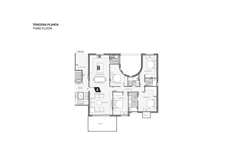 Plan technique 2D du troisième étage montrant 4 chambres, un salon ouvert et de grandes terrasses.